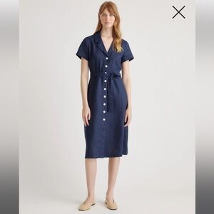 Quince 100% European Linen Button Front Dress - Deep Navy